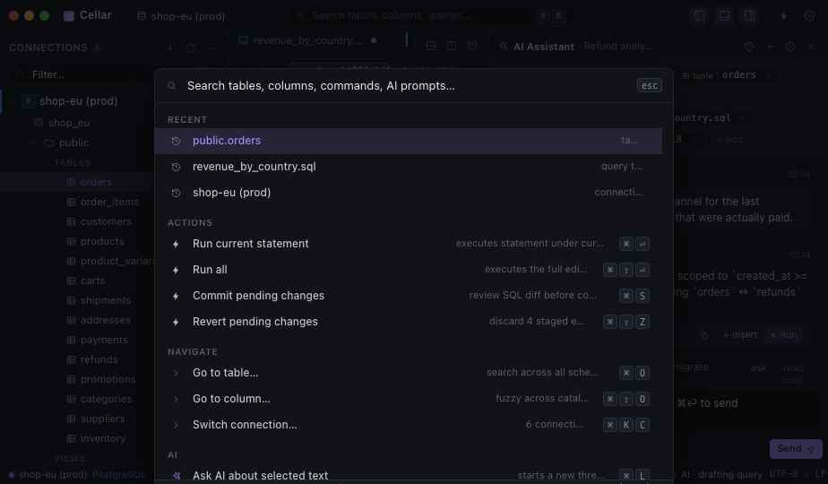 Command palette searching tables, actions and navigation