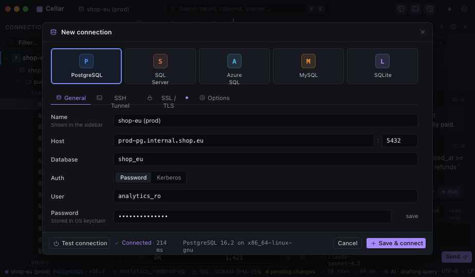 New connection dialog with engine picker, host, auth and test connection