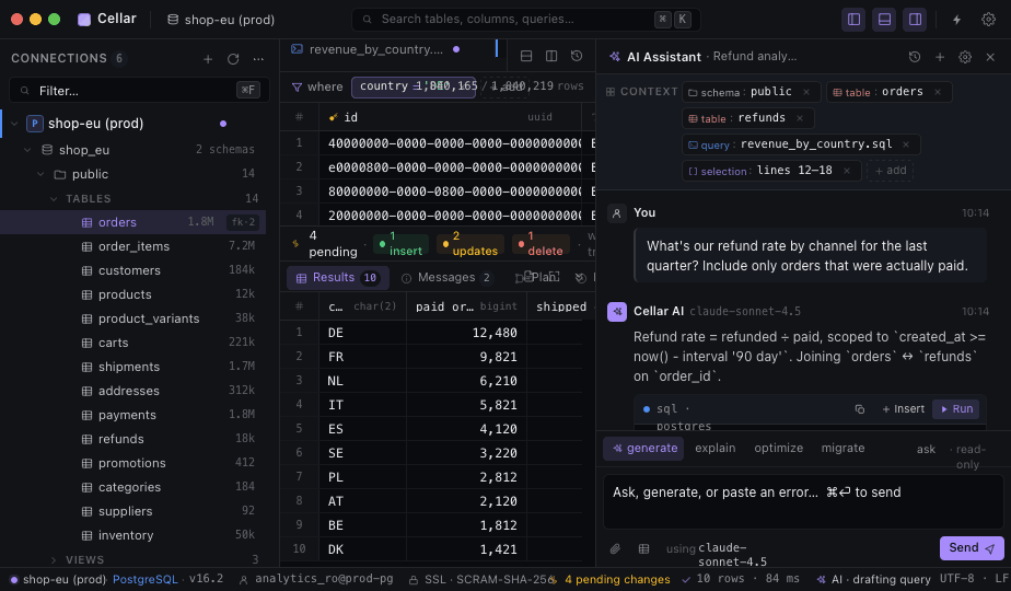 AI Assistant drafting SQL with pinned schema context